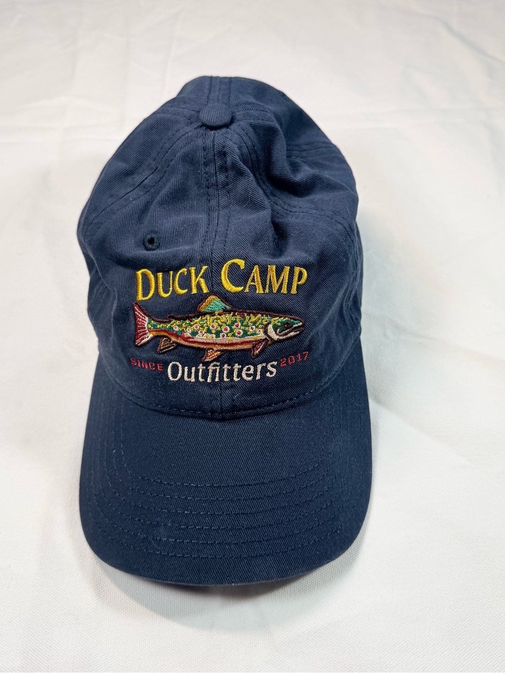 Duck Camp Outfitters Brook Trout Hat Navy Blue Canvas Strapback Dad Cap Fishing